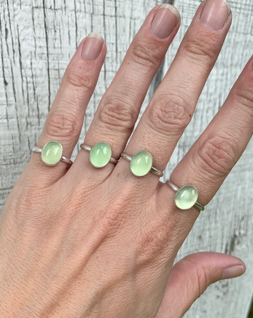 Minimalist Apple Green Brazil Oval Prehnite Elegant Solitaire Sterling Silver Ring