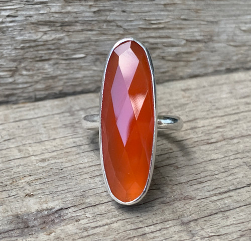 Long Oval Faceted Orange Chalcedony Sterling Silver Ring