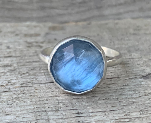 Elegant Faceted Round Blue Aurora Opal Doublet Sterling Silver Ring 