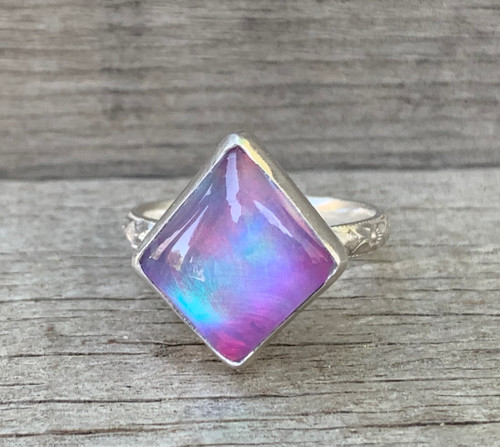 Diamond Shaped Multi Colored Pink Aurora Opal Quartz Doublet Sterling Silver Ring Sizes 8.5-9