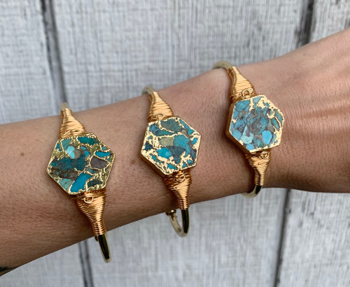 Gold Electroplated Hexagon Turquoise Cuff Bracelet 