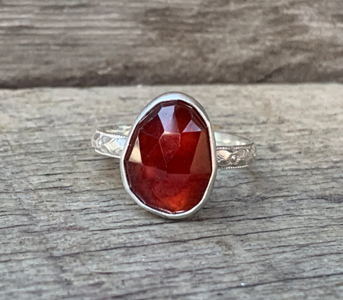 Free Form Faceted Red Garnet Sterling Silver Ring