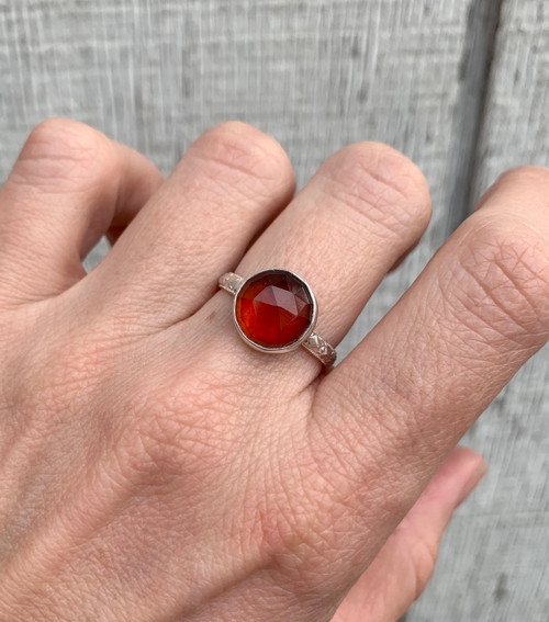 Dainty Round Faceted Red Garnet Sterling Silver Ring Size 8.5-9