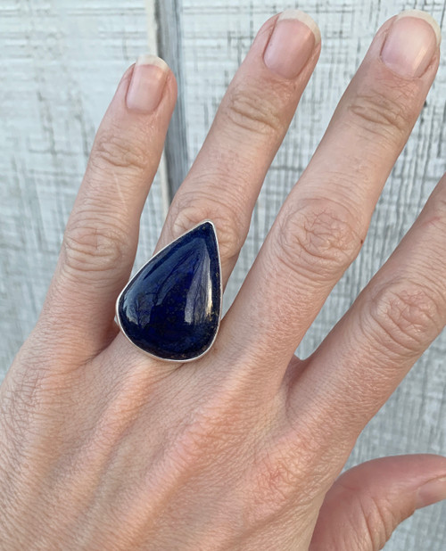 Large Teardrop Navy Blue Lapis Lazuli Sterling Silver Ring Size 