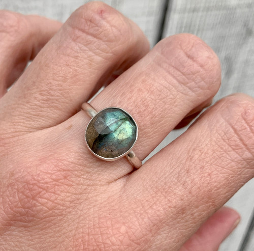 Faceted Solitaire Rainbow Labradorite Sterling Silver Ring 