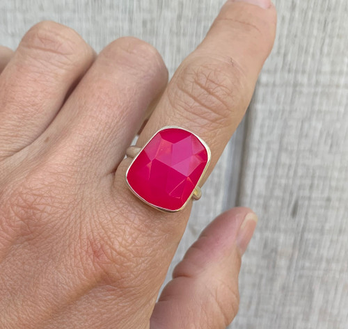 Faceted Hot Pink Chalcedony Statement Sterling Silver Ring Size 8.5-9