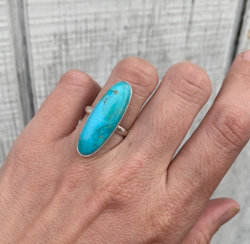 Long Oval Bright Blue Tibetan Turquoise Sterling Silver Ring 