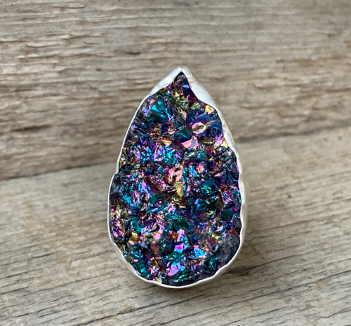 Large Teardrop or Pear Shaped Titanium Peacock Rough Cut Sterling Silver Statement Ring Size 9