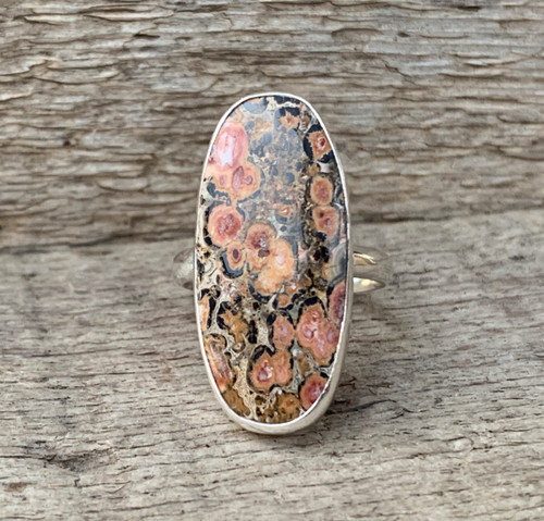 Elegant Oval Pink Brown Black Leopard Jasper Sterling Silver Ring