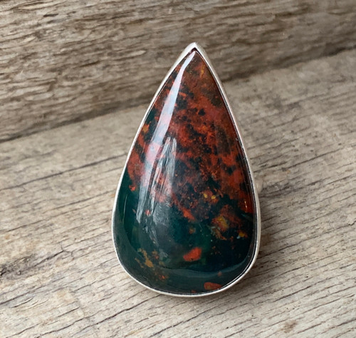 Teardrop Black Red Bloodstone Unique Chunky Sterling Silver Statement Ring 