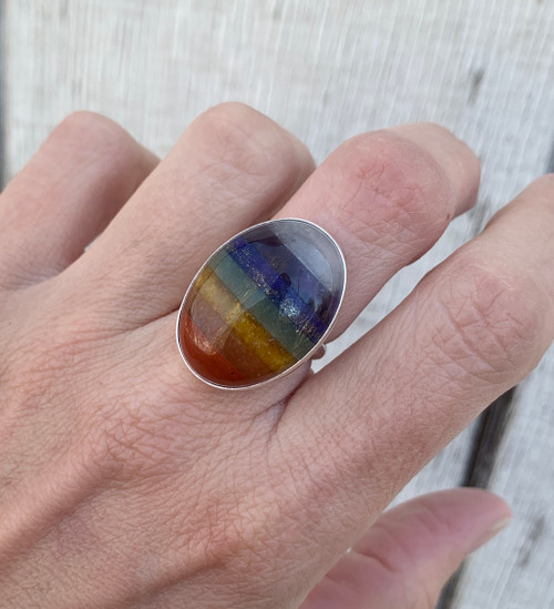 7 Gemstone Rainbow Sterling Silver Statement Ring 