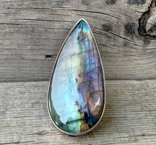 Stunning Large Teardrop Rainbow Labradorite Sterling Silver Statement Ring Size 7 