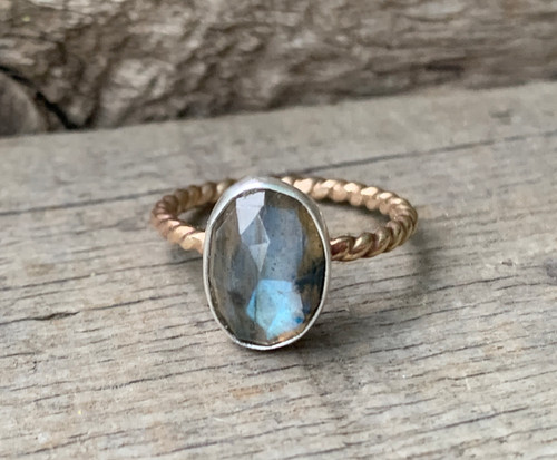 Romantic Faceted Rainbow Labradorite  Sterling Silver and Gold Ring 
