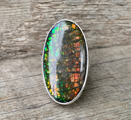 Geometric Free Form Neon Colors Ammolite Sterling Silver Ring Size 5.75-6.25