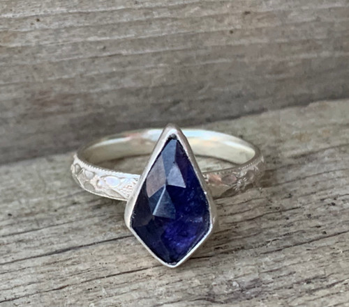 Dainty Diamond Shaped Faceted Iolite Sterling Silver Ring Size 6-6.5