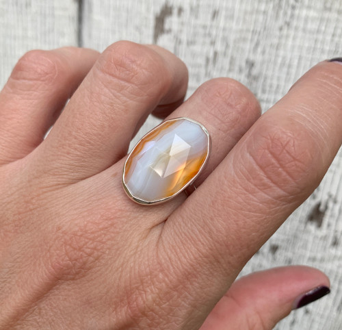 Large Oval Faceted White and Orange Agate Sterling Silver Ring Size 7.25-7.75