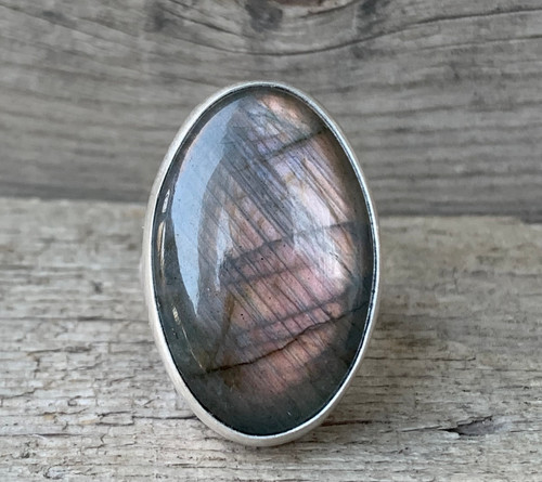 Large Oval Rose Gray Labradorite Sterling Silver Statement Ring Size 7.75