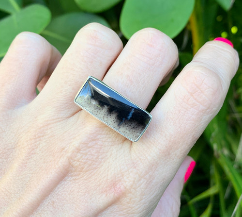 Rare Rectangle Black Tan Blue Petrified Palm Wood Sterling Silver Statement Ring