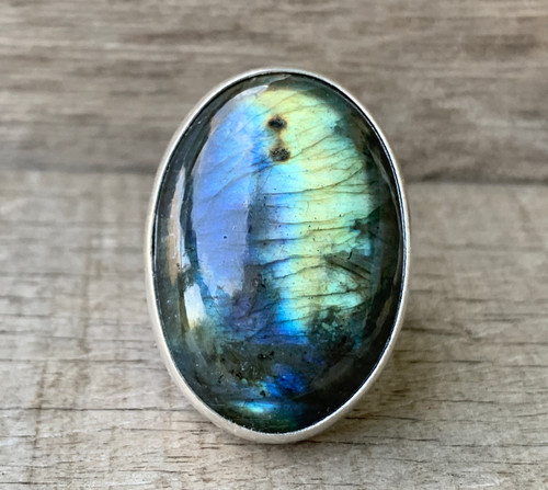Large Oval Super Flashy Bright Blue Labradorite Sterling Silver Statement Ring 