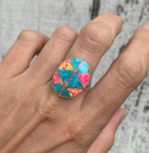 Large Oval Bright Pink Opal Blue Turquoise Inlay Sterling Silver Ring 