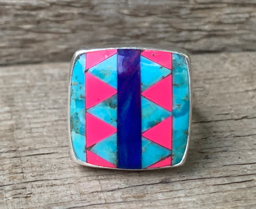 Square Inlay Turquoise Pink Agate Dark Blue Opal Sterling Silver Ring