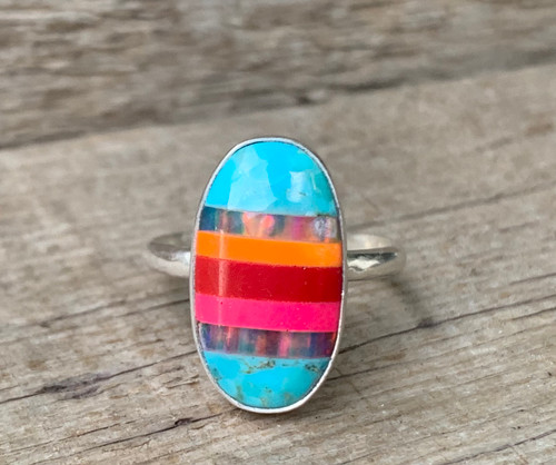 Small Oval Striped Turquoise Opal Agate Multi Colored Inlay Stone Sterling Silver Ring