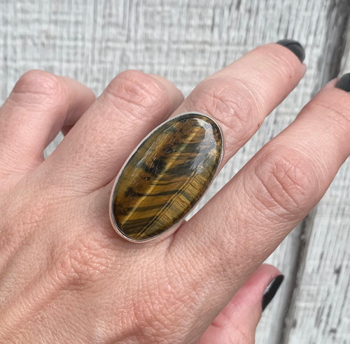 One of a Kind Large Oval Tiger's Eye Sterling Silver Ring Size 8