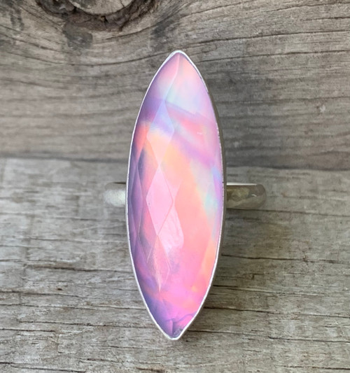 Stunning Marquise Faceted Bright Pink Purple Orange Blue Aurora Opal Quartz Doublet Sterling Silver Ring Stunning Marquise Faceted Bright Pink Purple Orange Blue Aurora Opal Quartz Doublet Sterling Silver Ring