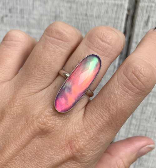 Stunning Large Oval Faceted Bright Pink Purple Orange Blue Aurora Opal Quartz Doublet Sterling Silver Ring