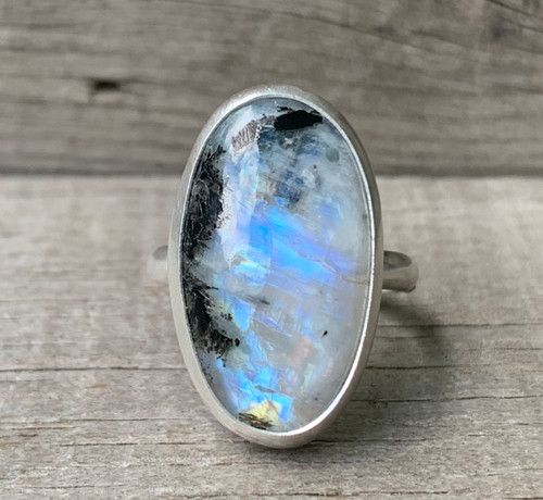 Rare One of a Kind Antique Rainbow Moonstone Sterling Silver Statement Ring