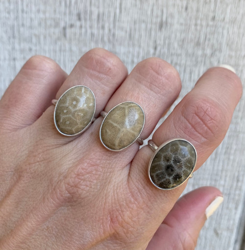 Large Oval Coral Petoskey Fossil Ring