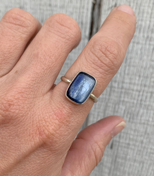 Elegant Cushion Cut Pearly Blue Kyanite Sterling Silver Ring