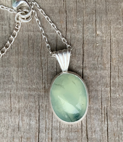 Elegant Oval Light Green Prehnite Sterling Silver Necklace