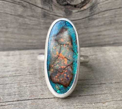 Oval Blue Green Sparkly Monarch Sterling Opal Sterling Silver Ring  Made to Order