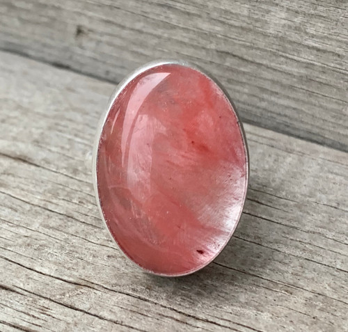 Romantic Volcano Pink Cherry Quartz Oval Sterling Silver Ring 