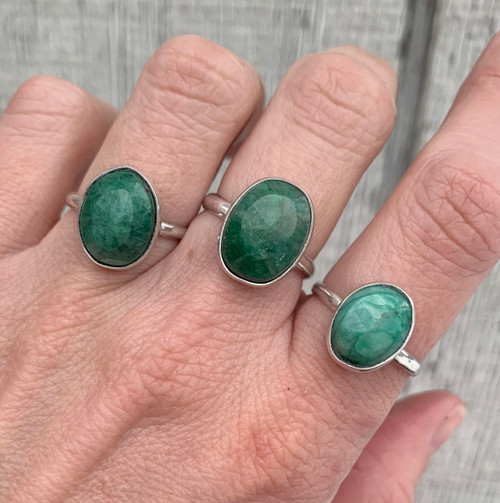 Raw Cut Faceted Oval Green Emerald Sterling Silver Ring
