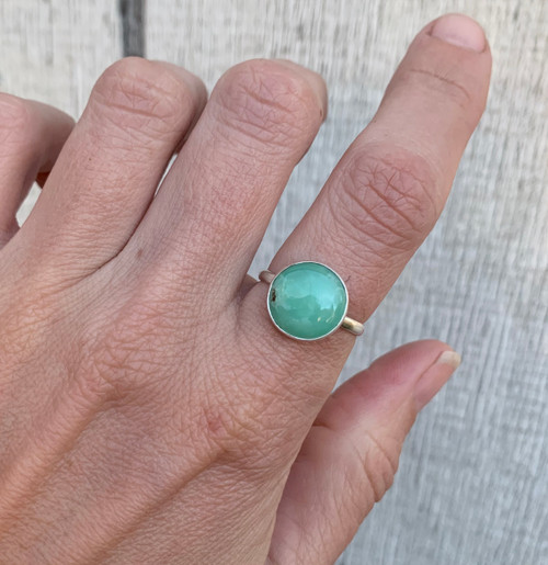 Bright Green Round Chrysoprase Sterling Silver Solitaire Ring 