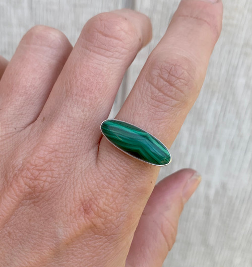 Horizontal Set Long Oval Malachite Sterling Silver Ring