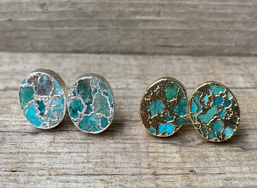 Oval Silver or Gold Plated Tibetan Turquoise Stud Earrings