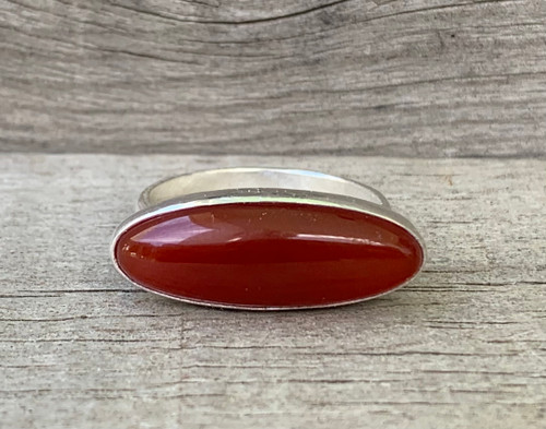 Horizontal Set Oval Blood Red Carnelian Sterling Silver Statement Ring with Serrated Bezel