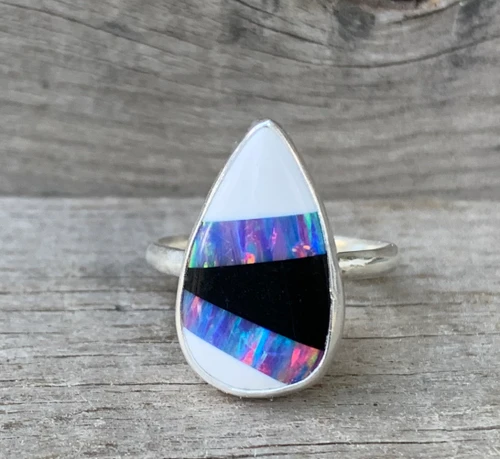 Teardrop Blue Purple Simulated Opal White Black Agate Inlay Stone Ring