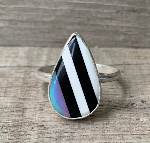 Teardrop Blue Pink Simulated Bello Opal White Black Ceramic Inlay Stone Ring Made to Order