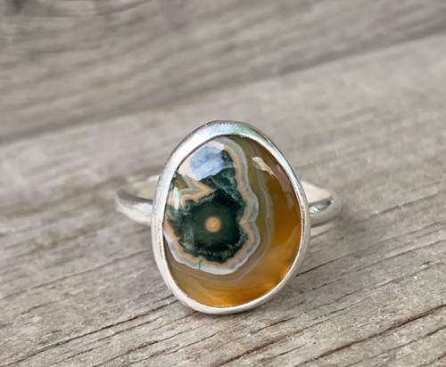 Geometric Free Form Yellow Green Ocean Jasper Sterling Silver Ring Size 8.25-8.75