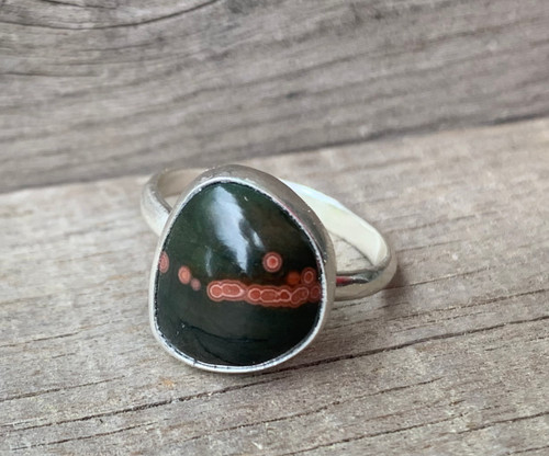 Free Form Geometric Black and Pink Ocean Jasper Sterling Silver Ring Size 5.75-6.25