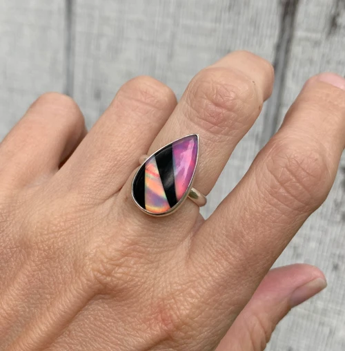 Large Teardrop Hot Pink Aurora Opal and Black Agate Sterling Silver Ring