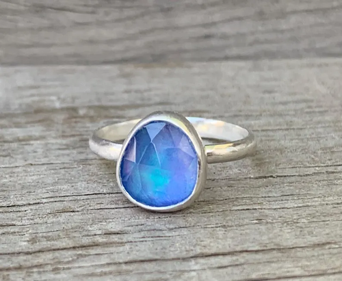 Ice Blue Pink Faceted Aurora Opal Quartz Doublet Sterling Silver Ring Size 6-6.5