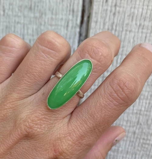 Long Oval Green Chrysoprase Sterling Silver Ring