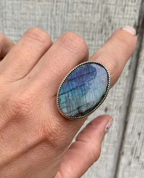 Large Oval Blue Purple Pink Labradorite Sterling Silver Ring Size 8.25 
