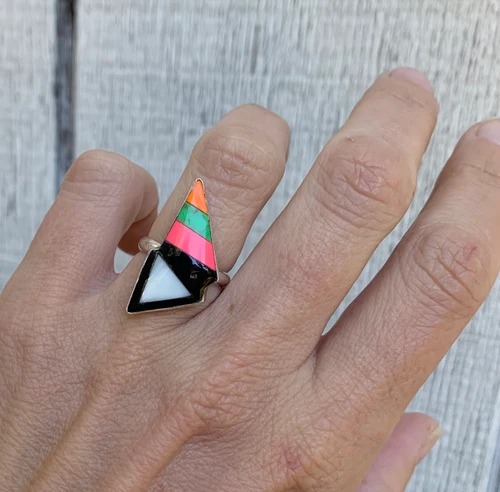 Lightning Bolt Black Onyx White Mother of Pearl Neon Agate Turquoise Sterling Silver Ring