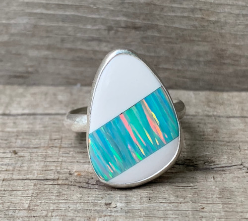 Free Form Neon Blue Green Pink Bello Opal White Ceramic Inlay Sterling Silver Ring Sizes 6-7
